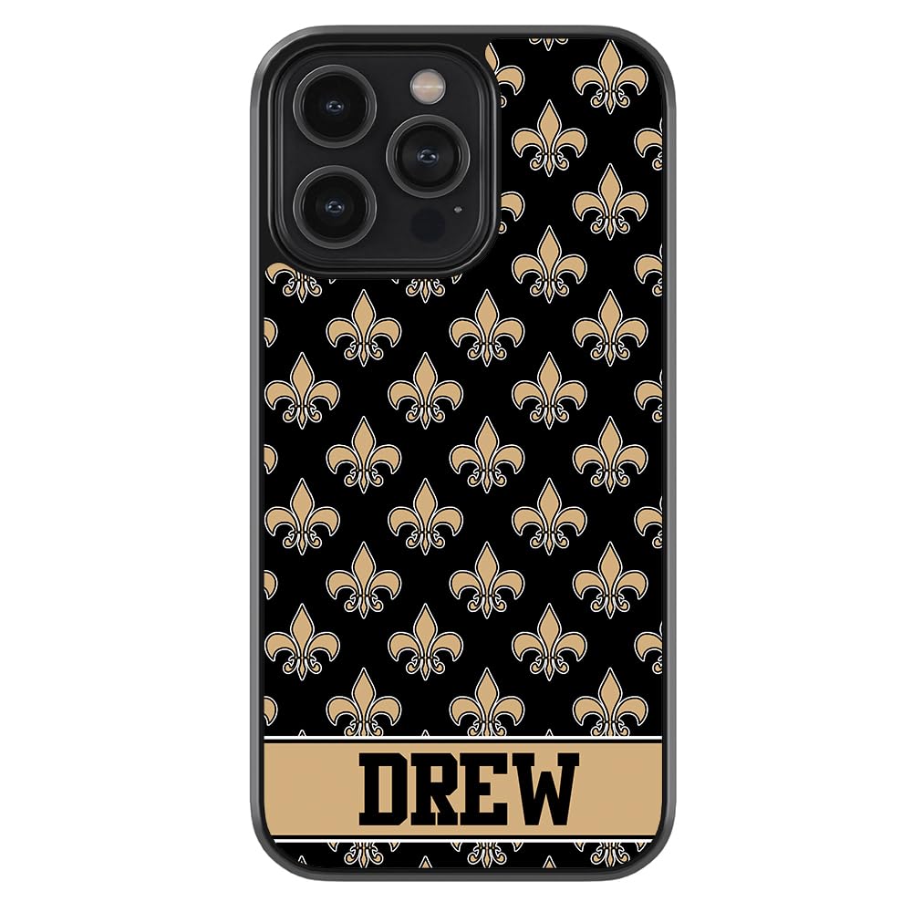 French Fleur De Lis Black and Gold Personalized Black Rubber Phone Case Compatible with Apple iPhone 15 Pro Max Plus, 14 Pro Max Plus, 13 Pro Max Mini, 12 Pro Max Mini, 11, X XS Max, XR, 8 7 Plus