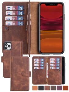 hardiston premium iphone xr bi-fold wallet case, handmade genuine leather, detachable magnetic flip cover with card holders, customizable, double fold phone case, kickstand, wireless charging (brown)