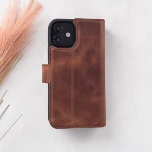 HARDISTON Premium iPhone XR Bi-Fold Wallet Case, Handmade Genuine Leather, Detachable Magnetic Flip Cover with Card Holders, Customizable, Double Fold Phone Case, Kickstand, Wireless Charging (Brown)