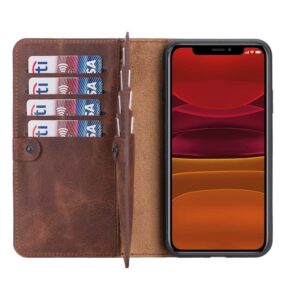 HARDISTON Premium iPhone XR Bi-Fold Wallet Case, Handmade Genuine Leather, Detachable Magnetic Flip Cover with Card Holders, Customizable, Double Fold Phone Case, Kickstand, Wireless Charging (Brown)