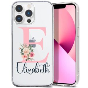 Personalized Name & Flower Initial Customized Phone Case, Custom Transparent Phone Cover Compatible iPhone 15 Pro 14 Plus 13 Pro Max 12 11 XR (Pink)