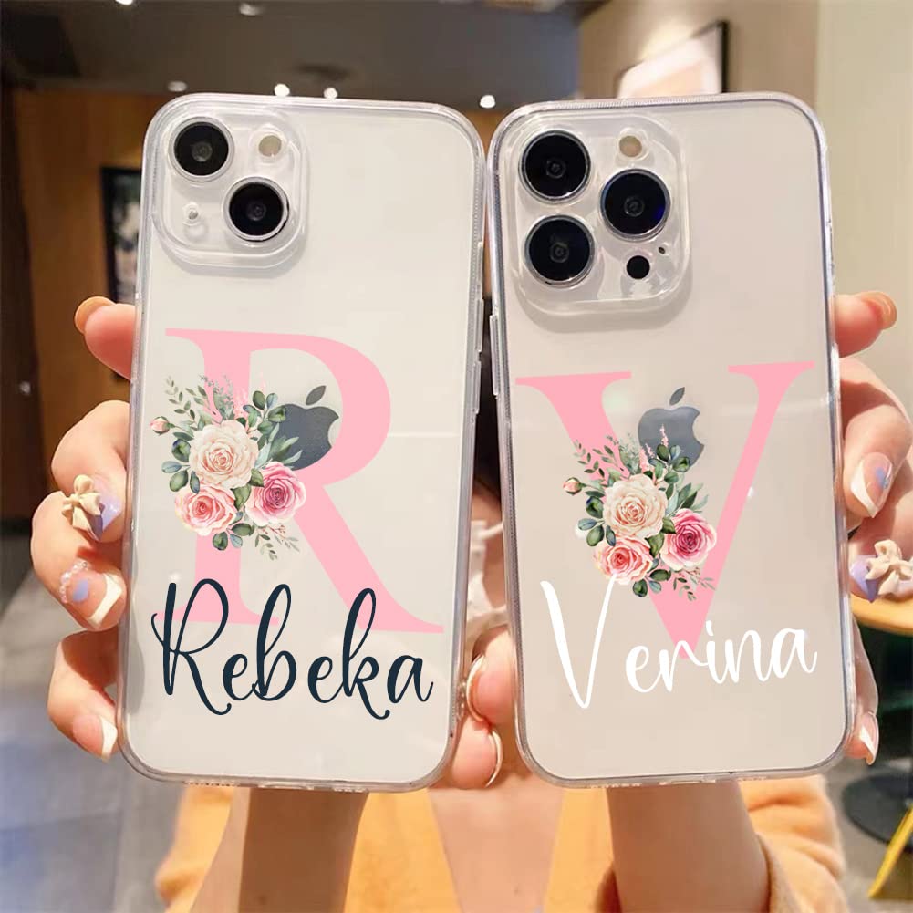 Personalized Name & Flower Initial Customized Phone Case, Custom Transparent Phone Cover Compatible iPhone 15 Pro 14 Plus 13 Pro Max 12 11 XR (Pink)