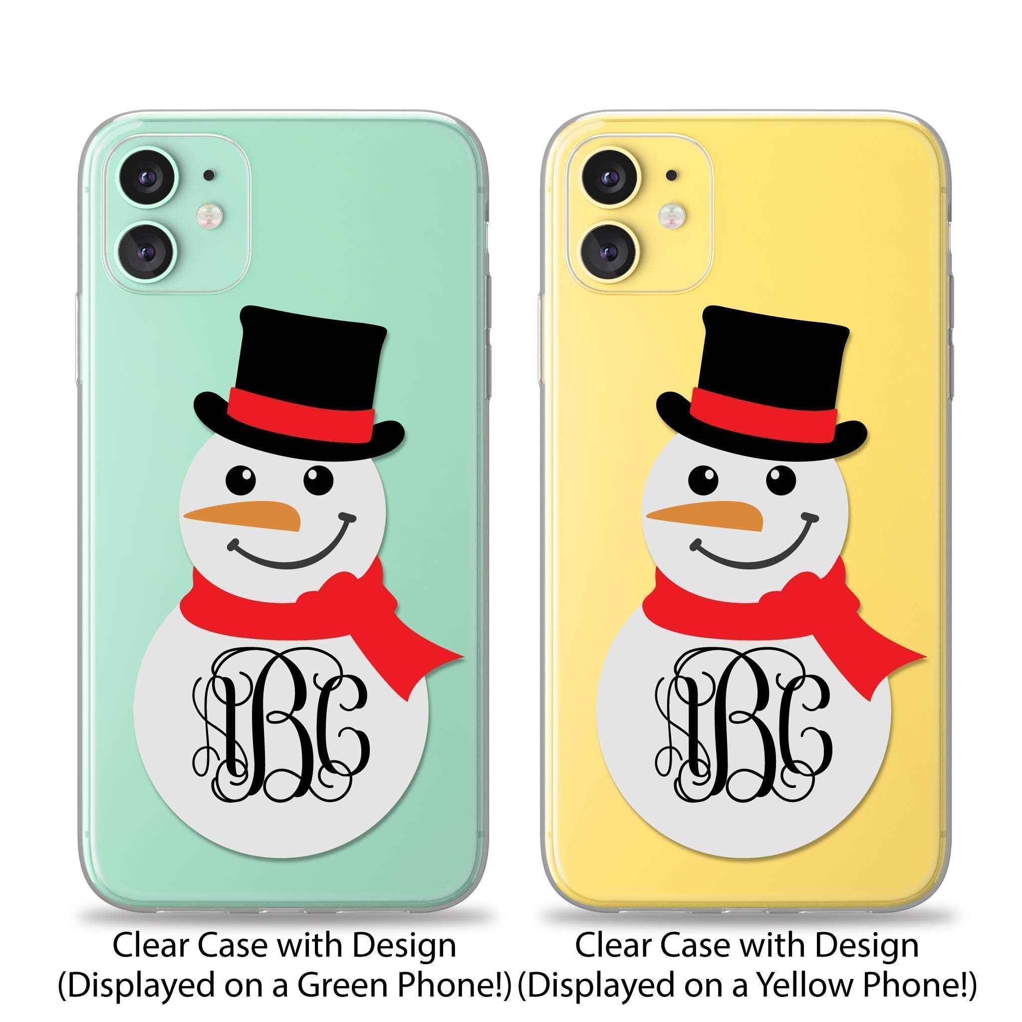 Case Charming Christmas Case for iPhone 15 14 Pro Max 13 mini 12 11 XS XR X 10S 10R 10 8 Plus 7 SE Personalized Custom Monogram Clear Initials Transparent See Through Rubber with Design Snowman