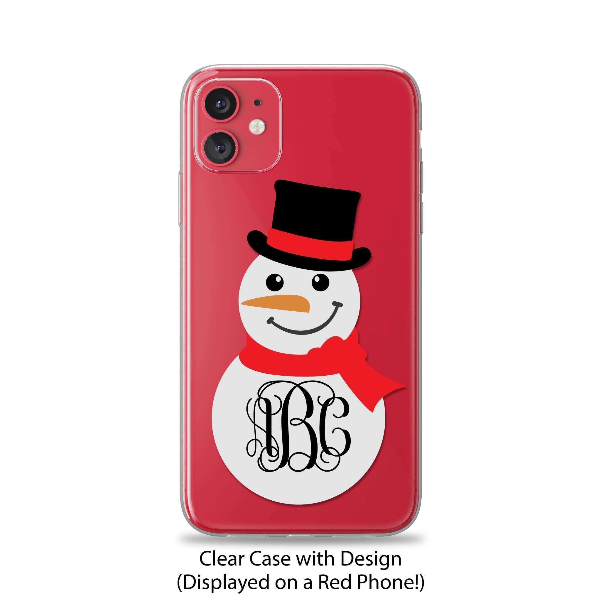 Case Charming Christmas Case for iPhone 15 14 Pro Max 13 mini 12 11 XS XR X 10S 10R 10 8 Plus 7 SE Personalized Custom Monogram Clear Initials Transparent See Through Rubber with Design Snowman