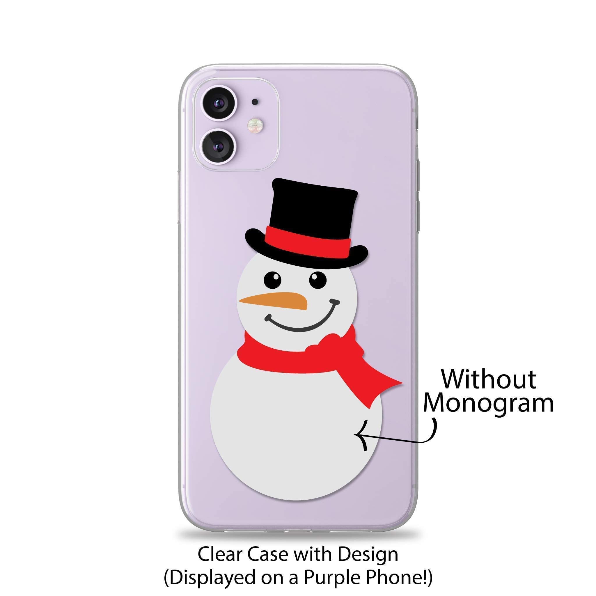 Case Charming Christmas Case for iPhone 15 14 Pro Max 13 mini 12 11 XS XR X 10S 10R 10 8 Plus 7 SE Personalized Custom Monogram Clear Initials Transparent See Through Rubber with Design Snowman