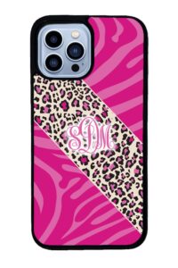 pink monogram leopard and zebra monogram black rubber phone case compatible with apple iphone 15 pro max plus, 14 pro max plus, 13 pro max mini, 12 pro max mini, 11, x xs max, xr, 8 7 plus