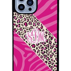 Pink Monogram Leopard and Zebra Monogram Black Rubber Phone Case Compatible with Apple iPhone 15 Pro Max Plus, 14 Pro Max Plus, 13 Pro Max Mini, 12 Pro Max Mini, 11, X XS Max, XR, 8 7 Plus