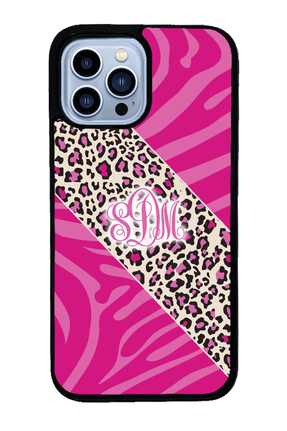 Pink Monogram Leopard and Zebra Monogram Black Rubber Phone Case Compatible with Apple iPhone 15 Pro Max Plus, 14 Pro Max Plus, 13 Pro Max Mini, 12 Pro Max Mini, 11, X XS Max, XR, 8 7 Plus