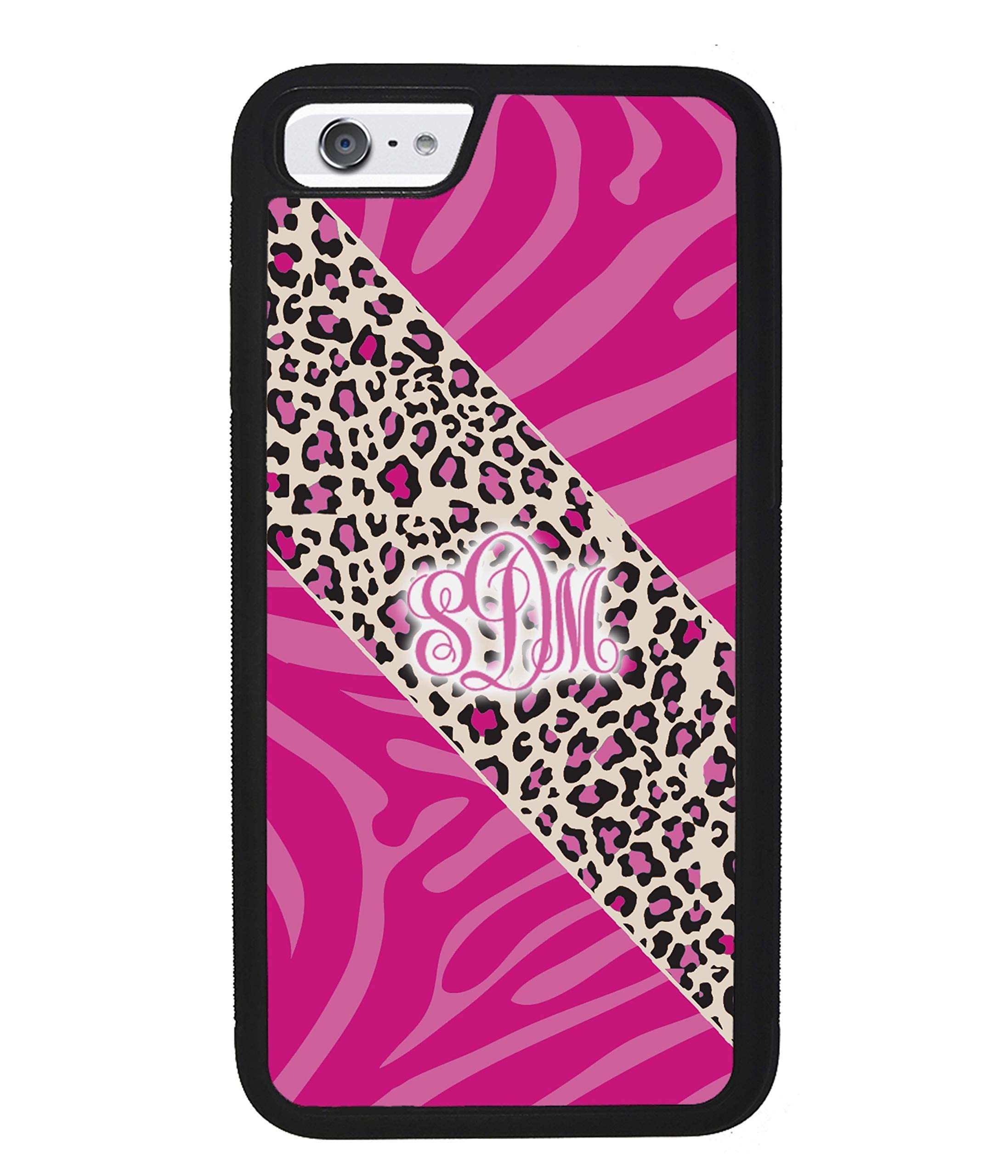 Pink Monogram Leopard and Zebra Monogram Black Rubber Phone Case Compatible with Apple iPhone 15 Pro Max Plus, 14 Pro Max Plus, 13 Pro Max Mini, 12 Pro Max Mini, 11, X XS Max, XR, 8 7 Plus