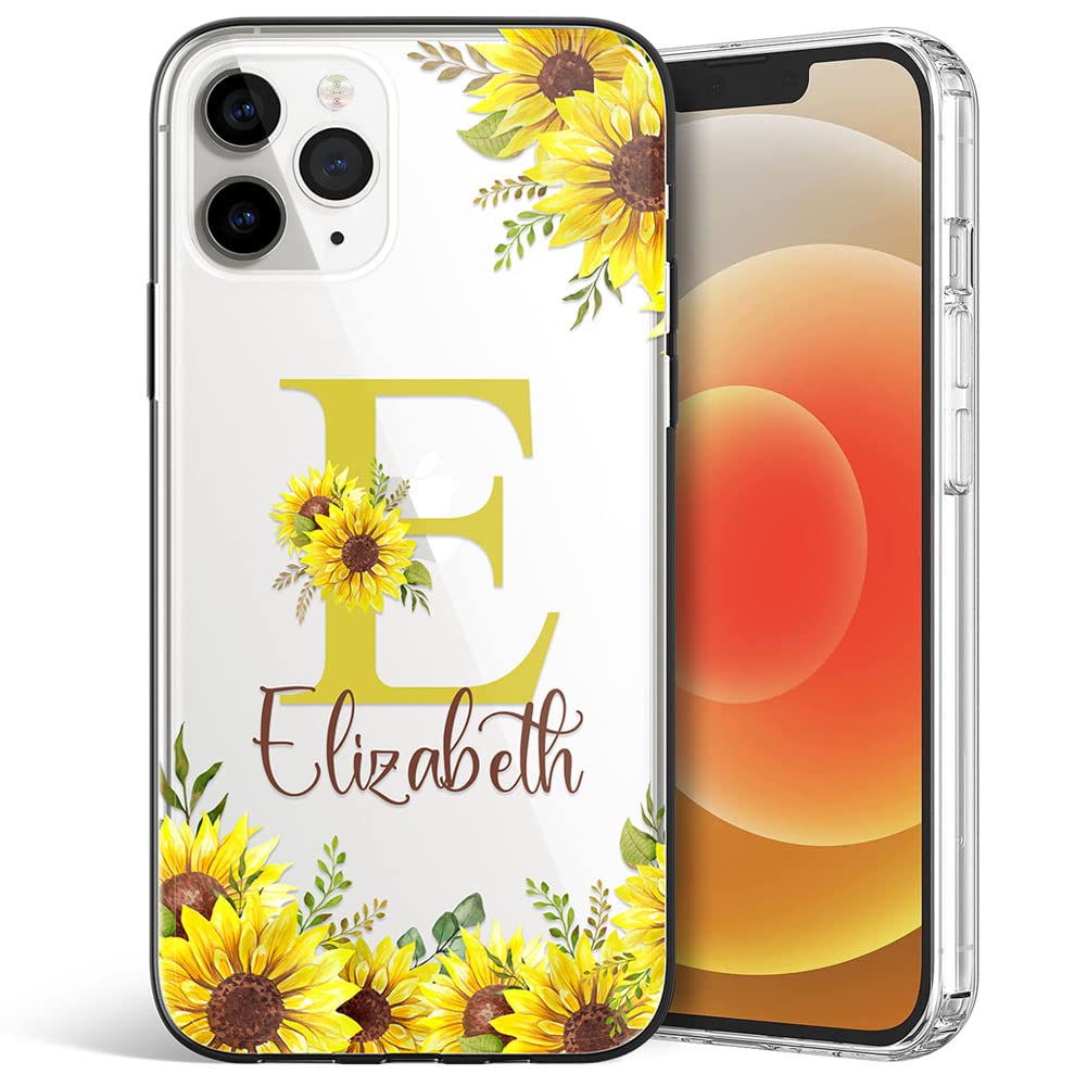 Personalized Name & Initial Customized Phone Case, Custom Transparent Phone Cover Compatible iPhone 14 Plus 13 Pro Max 12 Mini 11 XR XS Plus (Sunflower)