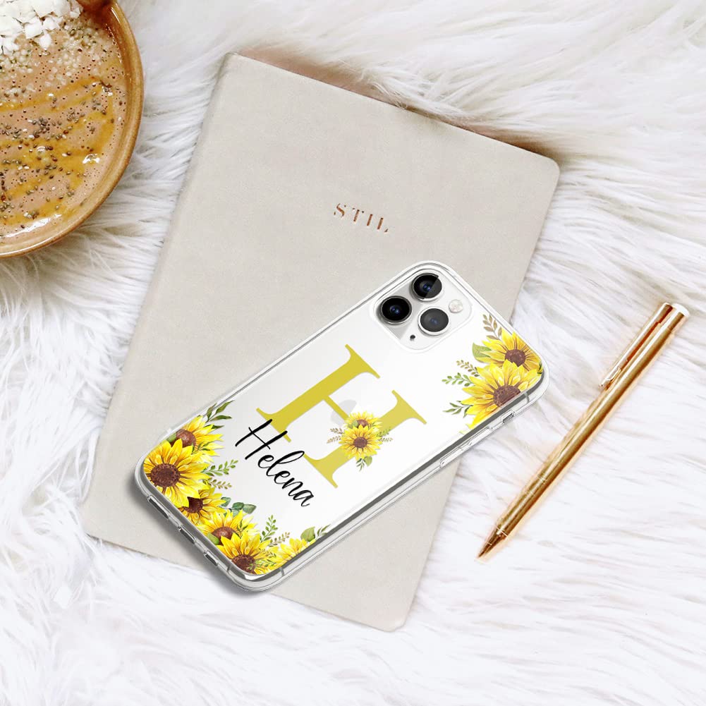 Personalized Name & Initial Customized Phone Case, Custom Transparent Phone Cover Compatible iPhone 14 Plus 13 Pro Max 12 Mini 11 XR XS Plus (Sunflower)