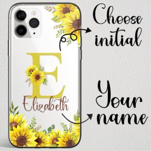 Personalized Name & Initial Customized Phone Case, Custom Transparent Phone Cover Compatible iPhone 14 Plus 13 Pro Max 12 Mini 11 XR XS Plus (Sunflower)