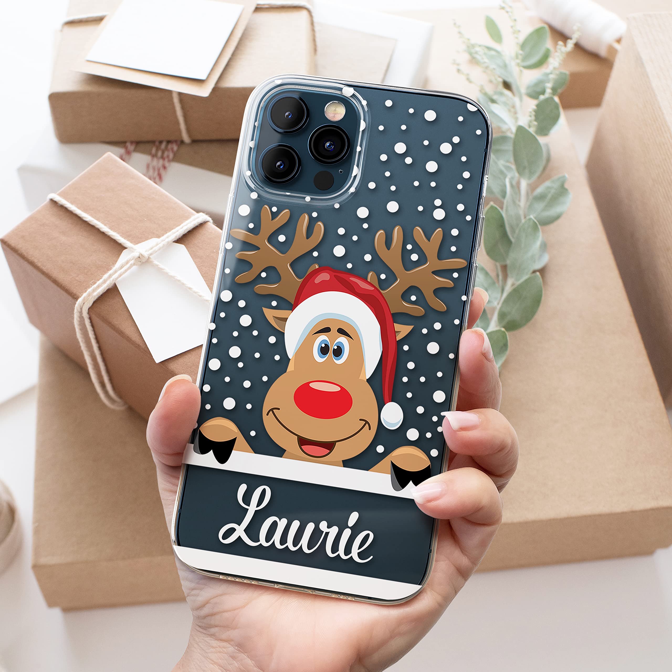 Case Charming Christmas Reindeer Personalized Case for iPhone 15 14 Pro Max 13 mini 12 11 XS XR X 10S 10R 10 8 Plus 7 SE Custom Clear Slim Soft Flexible TPU Rubber Phone Cover