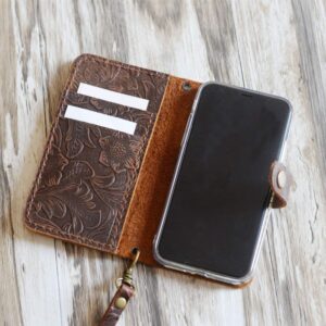 Leather iPhone X/XS/XR/XS MAX wallet Case Handmade Wristlet iPhone XS/XR/XS MAX Cover Tooled Flower Brown