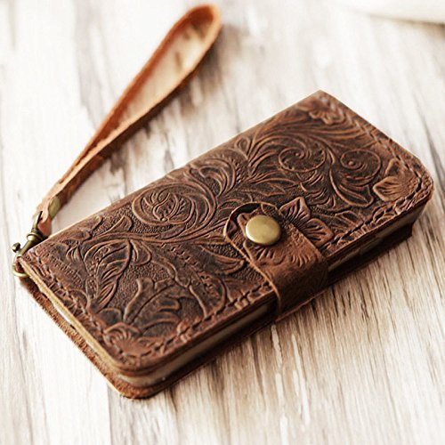 Leather iPhone X/XS/XR/XS MAX wallet Case Handmade Wristlet iPhone XS/XR/XS MAX Cover Tooled Flower Brown