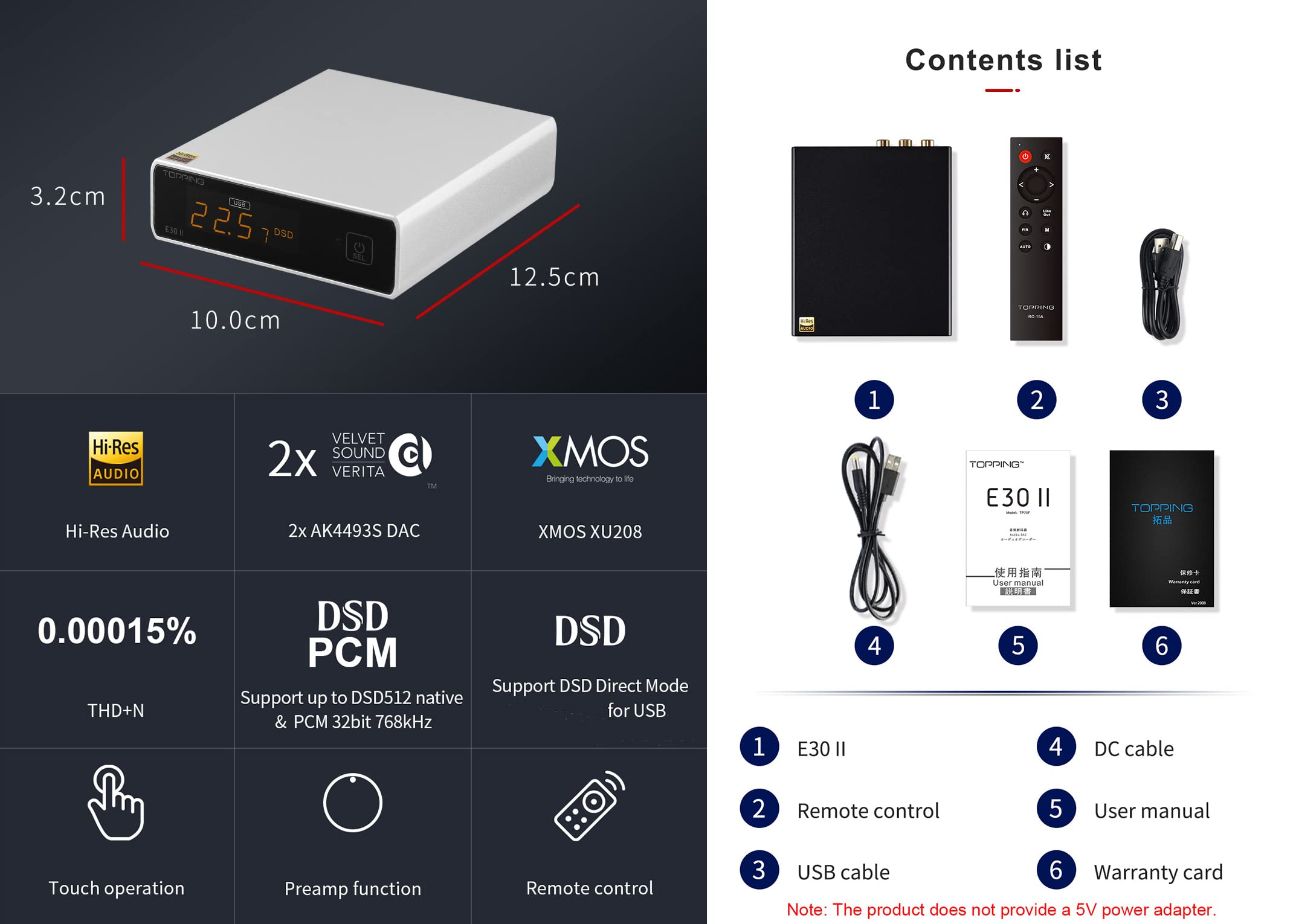 Topping E30 II DAC Preamp Audio Decoder- 2xAK4493S Hi-Res XMOS XU208 DAC 32Bit/768kHz DSD512 DSD Direct Mode for USB/Coax/Opt Inputs RCA HiFi Stereo Digital Audio Decoder(Black)