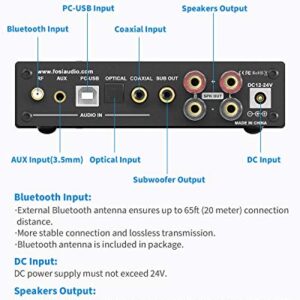 Fosi Audio DA2120A Bluetooth 5.0 2.1 CH DAC Amplifier Stereo Receiver Audio Hi-Fi Support aptX Integrated Class D Digital Power Amp for Passive Speakers Active Subwoofer with Remote Control