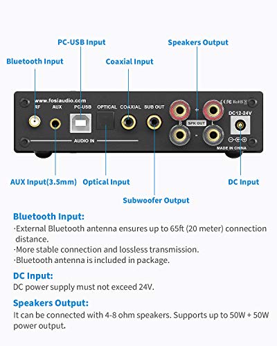 Fosi Audio DA2120A Bluetooth 5.0 2.1 CH DAC Amplifier Stereo Receiver Audio Hi-Fi Support aptX Integrated Class D Digital Power Amp for Passive Speakers Active Subwoofer with Remote Control