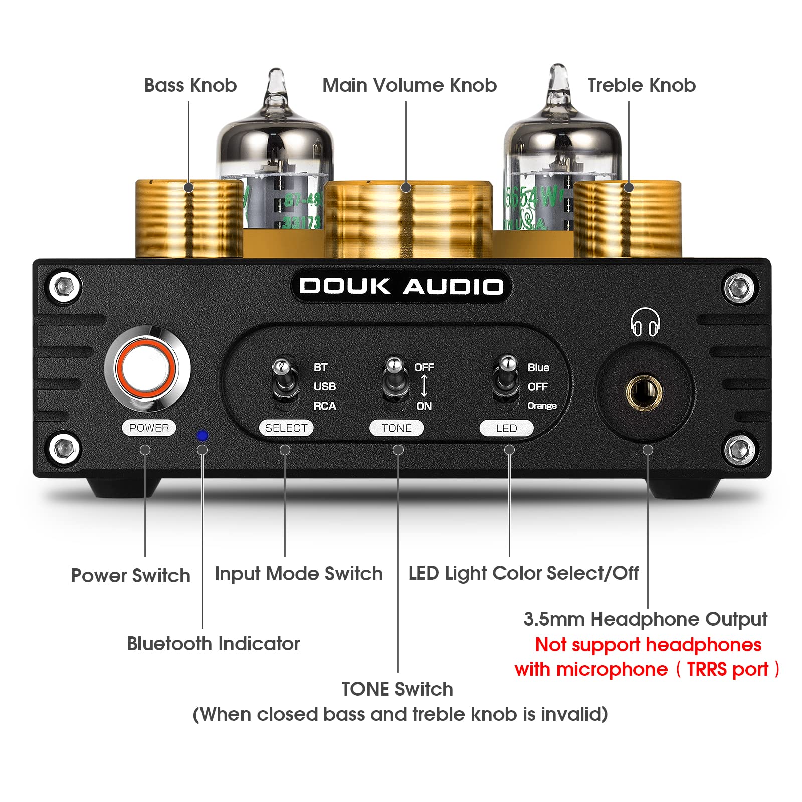 Douk Audio P1 Vacuum Tube Bluetooth Preamplifier, GE5654 Audio Preamp, Hi-Fi Headphone Amp, Stereo Wireless Receiver with USB DAC & APTX-HD for Home Theater Amplifier/Active Speaker