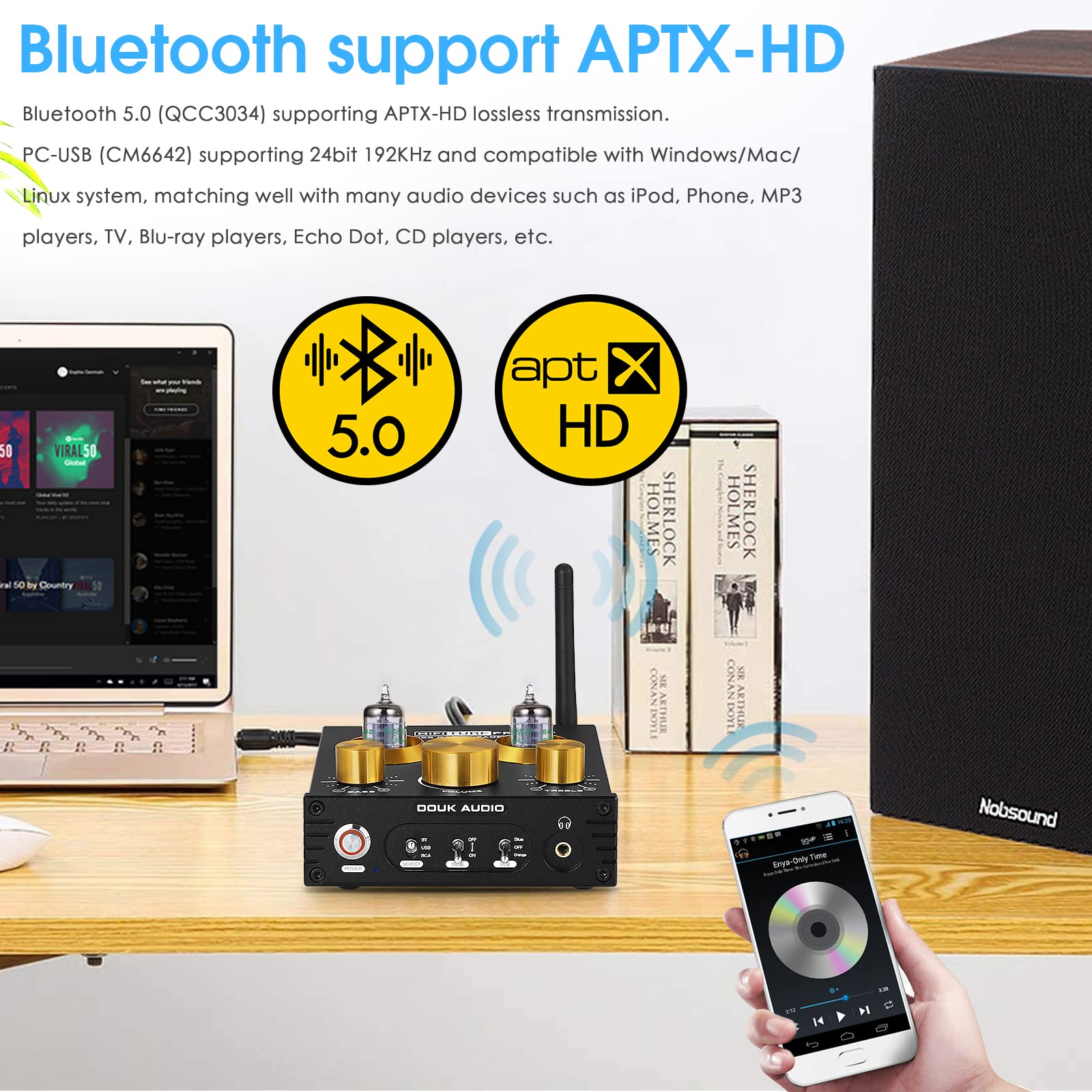 Douk Audio P1 Vacuum Tube Bluetooth Preamplifier, GE5654 Audio Preamp, Hi-Fi Headphone Amp, Stereo Wireless Receiver with USB DAC & APTX-HD for Home Theater Amplifier/Active Speaker