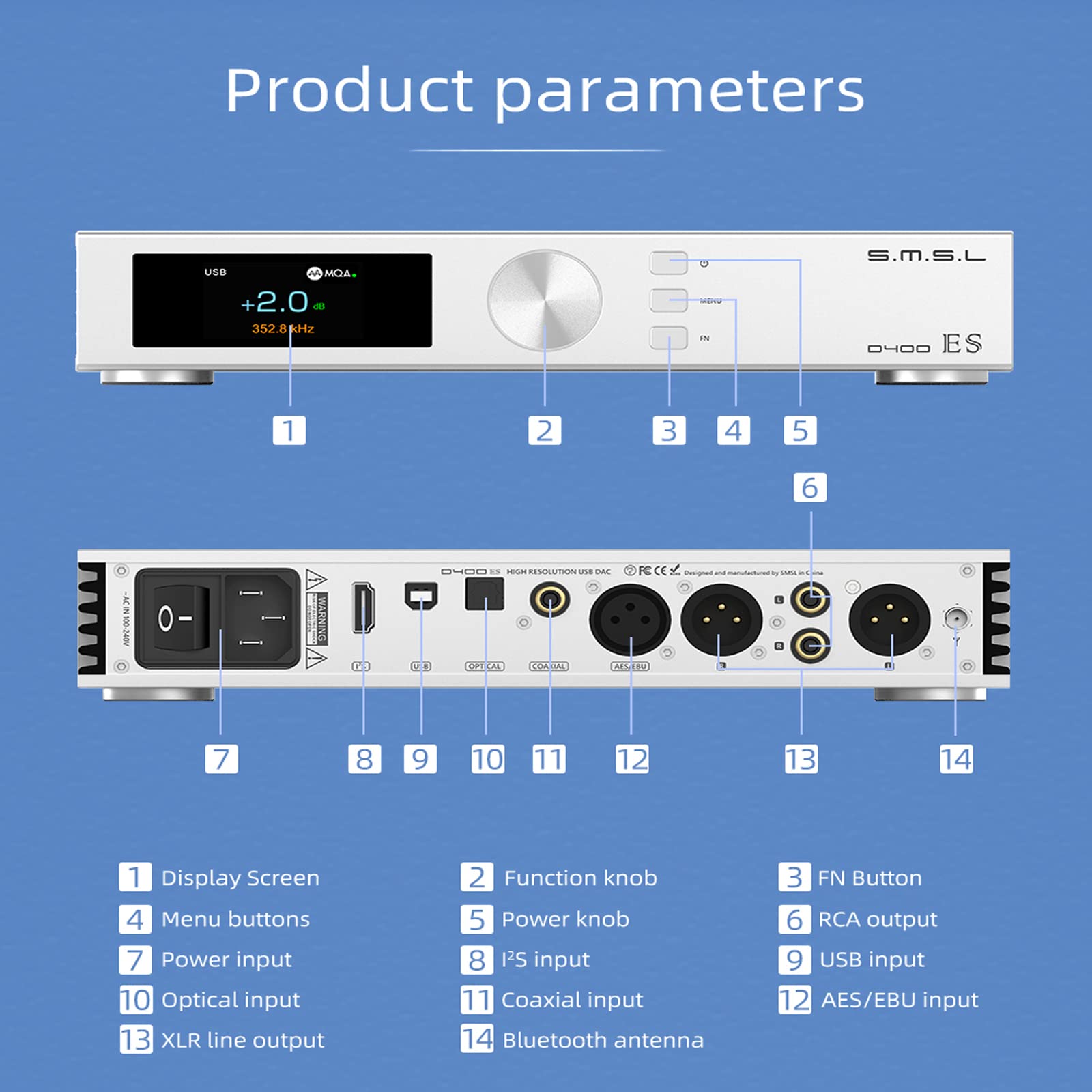 SMSL D400ES Lossless Bluetooth HiFi Fever MQA Balanced Pure Decoder ES9039MS Pro high-end Fever DAC DSD512 Hard Solution The New Third-Generation XMOS XU-316 (with Remote Control)