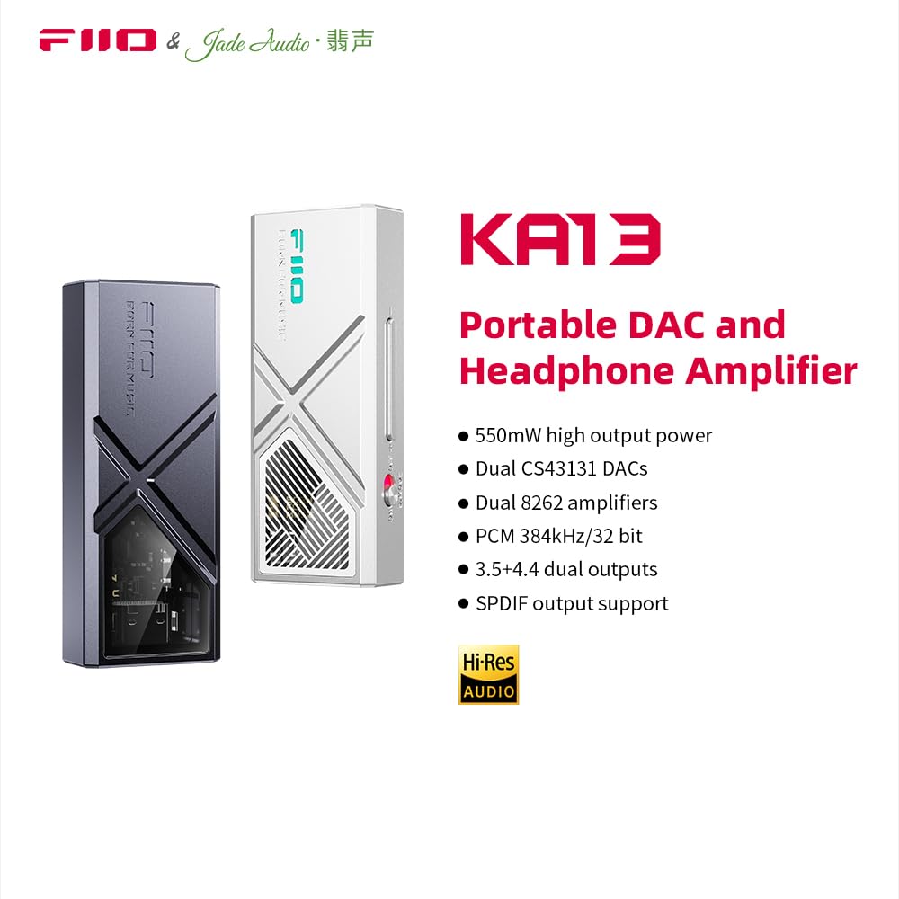 FiiO/JadeAudio KA13 Portable DAC Dongle, USB-C Adapter, 3.5mm and 4.4mm Outputs Compatible with Android/iOS System/PC/Music Players, PCM 384kHz/32bit | DSD256 550mW high Power (Black)