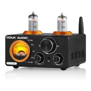 douk audio st-01 pro 200w bluetooth amplifier, 2 channel vacuum tube power amp with usb dac/coaxial optical inputs/vu meter/treble bass control for home theater/stereo speakers (upgrade version)