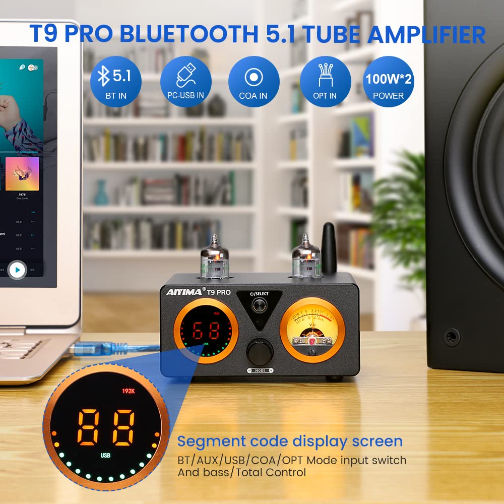 AIYIMA T9 PRO 200W Bluetooth Amplifier HiFi Digital Class D Power Amp 2.0/2.1 Channel Vacuum Tube DAC Amp with VU Meter & Bass Treble Bluetooth 5.1 Coaxial Optical PC-USB inputs