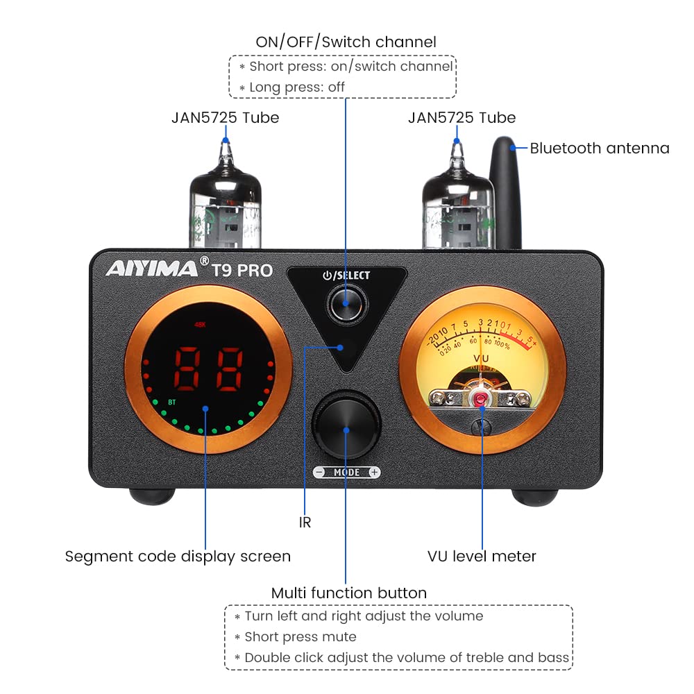 AIYIMA T9 PRO 200W Bluetooth Amplifier HiFi Digital Class D Power Amp 2.0/2.1 Channel Vacuum Tube DAC Amp with VU Meter & Bass Treble Bluetooth 5.1 Coaxial Optical PC-USB inputs