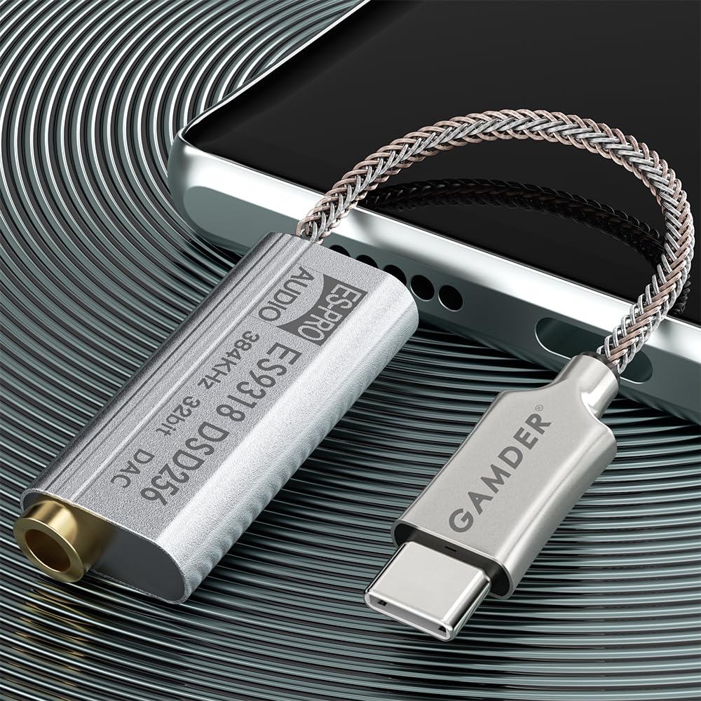 GAMDER USB Type C to 3.5mm DSD256 Hi-Fi Audio Chip Decoder 32bit 384kHz Headphone Amplifier Adapter DAC for Android Phone Mac Windows 10 （ES9318 Chip)