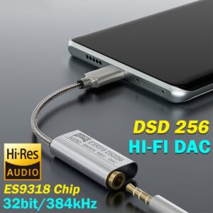 GAMDER USB Type C to 3.5mm DSD256 Hi-Fi Audio Chip Decoder 32bit 384kHz Headphone Amplifier Adapter DAC for Android Phone Mac Windows 10 （ES9318 Chip)