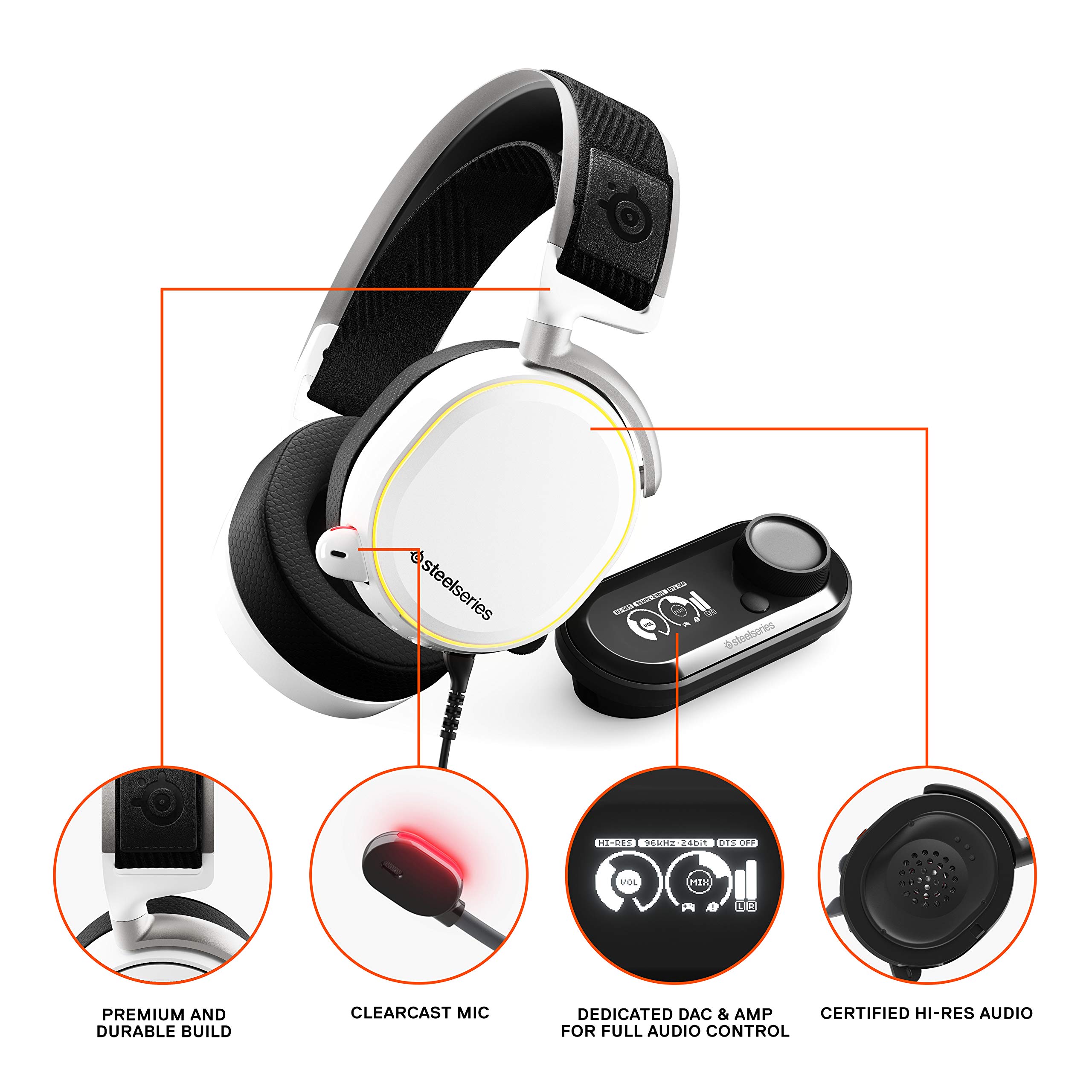 SteelSeries Arctis Pro + GameDAC Wired Gaming Headset - Certified Hi-Res Audio - Dedicated DAC and Amp - for PS5/PS4 and PC - White