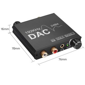 CAMWAY 192kHz Digital to Analog Audio Converter with Bass Adjustment DAC Converter Volume Control Toslink Coaxial Optical to RCA and 3.5mm Headphone Jack Anti-interference Audio Adapter