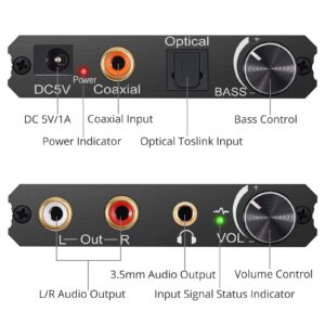 CAMWAY 192kHz Digital to Analog Audio Converter with Bass Adjustment DAC Converter Volume Control Toslink Coaxial Optical to RCA and 3.5mm Headphone Jack Anti-interference Audio Adapter