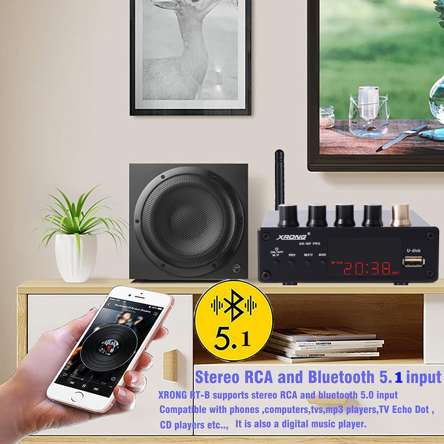 XRONG Bluetooth 5.1 Power Amplifier 100Wx2+100W Stereo HiFi 2.1 CH Digital Sound Amplificador 24Bit/192kHz Class D Amp USB DAC, Support Subwoofer & with Remote