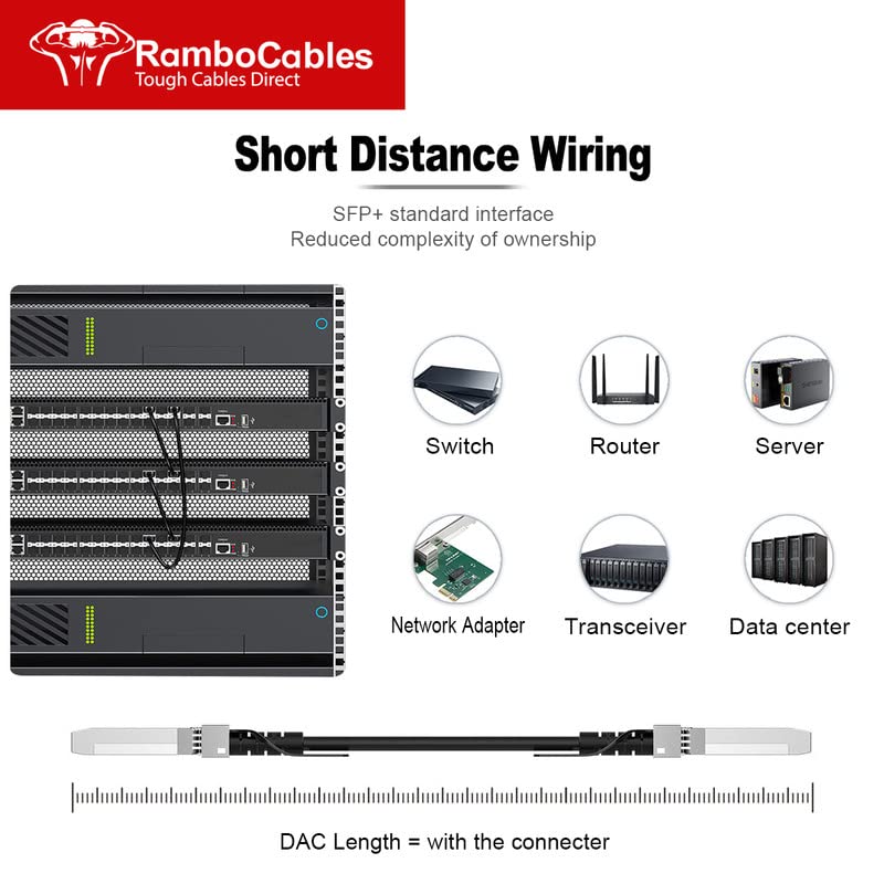 RamboCables SFP+ DAC Cable, (9.8ft/3m) 10G SFP+ Twinax Cable, Direct Attach Copper Passive Cable,for Cisco SFP-H10GB-CU3M, Meraki,Ubiquiti UniFi and More, Length Options: 0.3m-7m