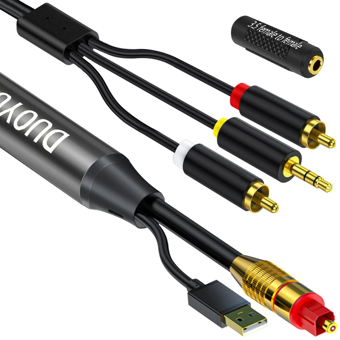 Digital Optical to Analog 3.5mm AUX Audio Cable, Optical to 2 RCA Adapter, All-in-one D/A Audio Converter, for TV/PS4/Xbox/DVD SPDIF/TOSLINK/Optical Port to Sound Box Amplifier Headphones (10ft).