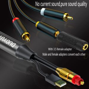 Digital Optical to Analog 3.5mm AUX Audio Cable, Optical to 2 RCA Adapter, All-in-one D/A Audio Converter, for TV/PS4/Xbox/DVD SPDIF/TOSLINK/Optical Port to Sound Box Amplifier Headphones (10ft).