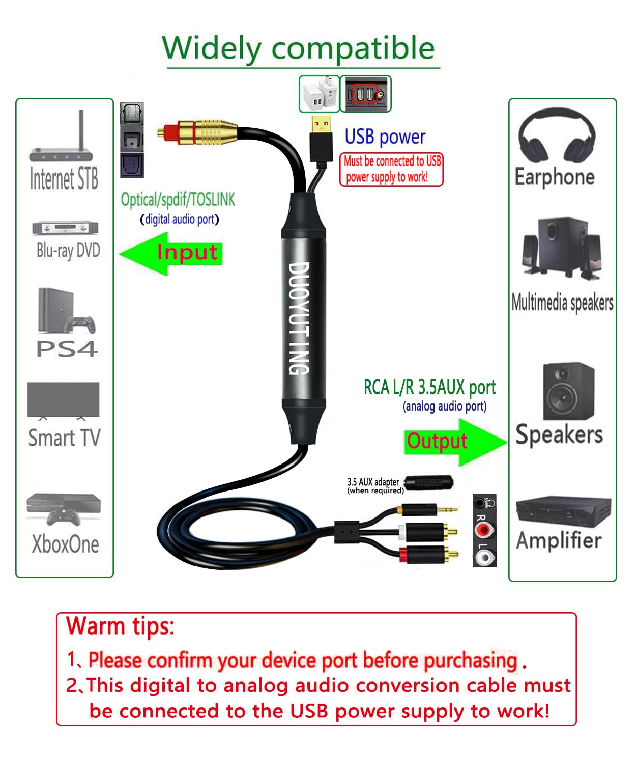 Digital Optical to Analog 3.5mm AUX Audio Cable, Optical to 2 RCA Adapter, All-in-one D/A Audio Converter, for TV/PS4/Xbox/DVD SPDIF/TOSLINK/Optical Port to Sound Box Amplifier Headphones (10ft).