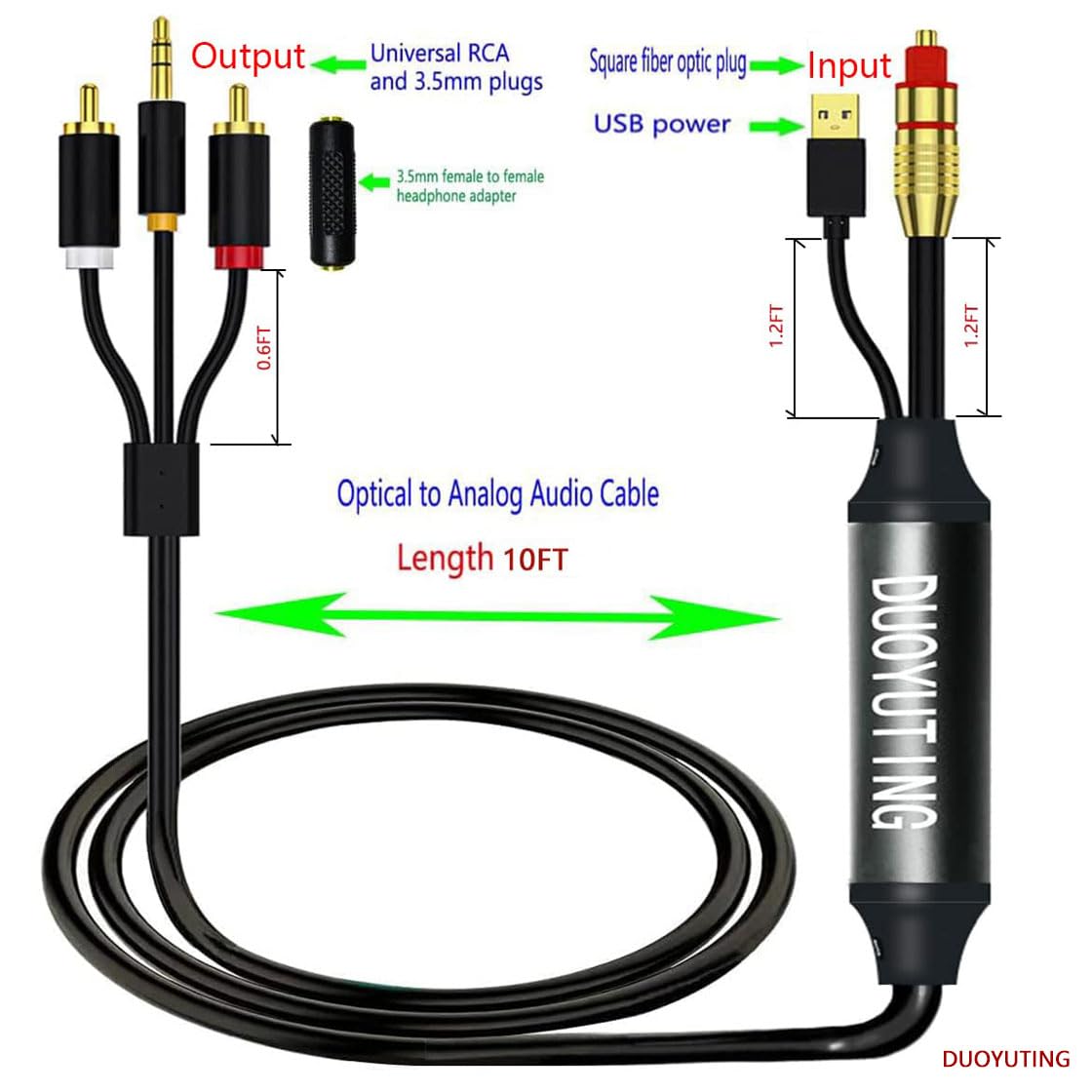 Digital Optical to Analog 3.5mm AUX Audio Cable, Optical to 2 RCA Adapter, All-in-one D/A Audio Converter, for TV/PS4/Xbox/DVD SPDIF/TOSLINK/Optical Port to Sound Box Amplifier Headphones (10ft).