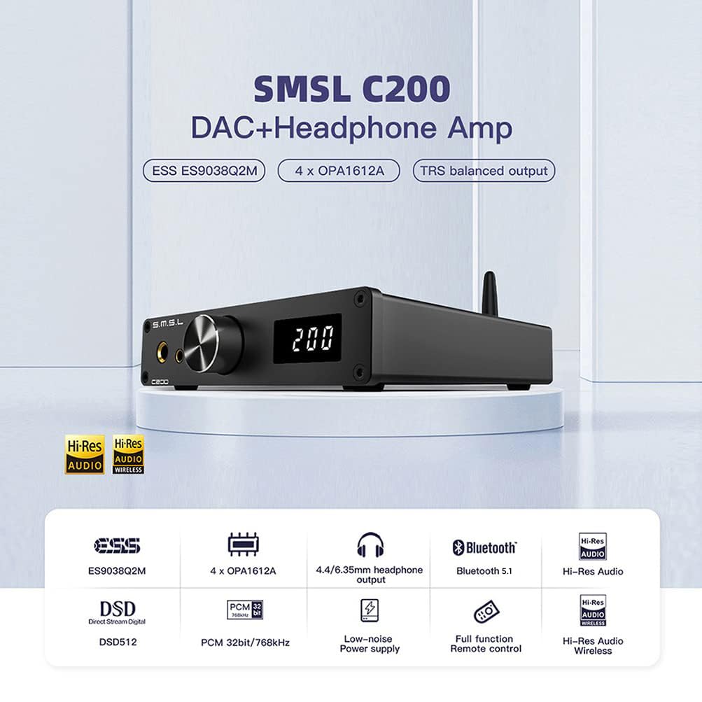 SMSL C200 Balanced Headphone Amplifier, XMOS ES9038Q2M HiFi DAC Amp, USB/Bluetooth/OPT/COAX to RCA/TRS Balanced Out, 4.4mm/6.35mm Jack DSD512 32Bit/768kHz Desktop Home Audio Amp for Switch XBOX PS5