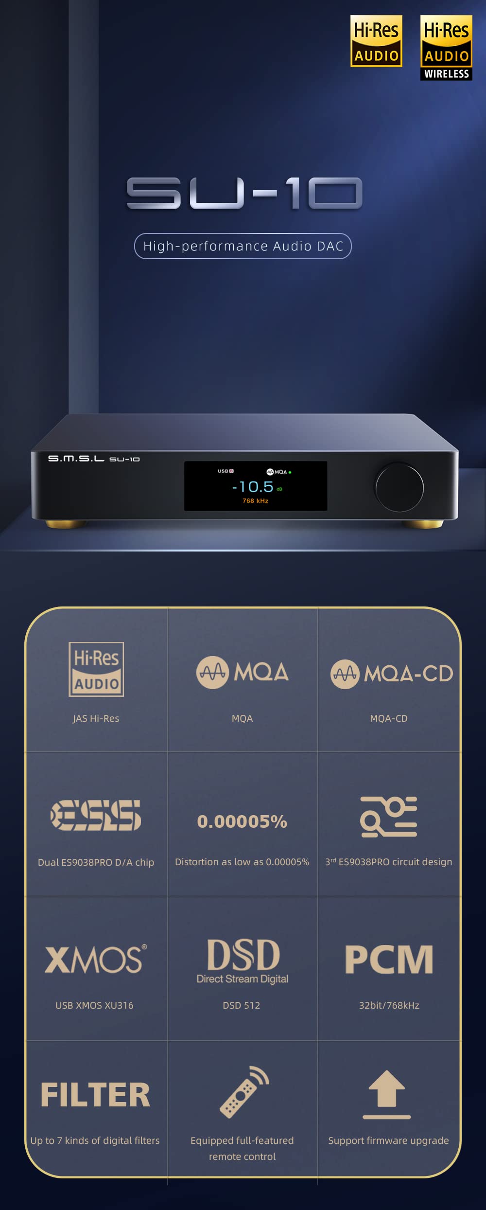 S.M.S.L SU-10 MQA Decoder Dual ES9038PRO Support MQA-CD High-Performance Audio DAC 32Bit/768kHz DSD512 Hi-Res Audio Support LDAC,Aptx/HD,SBC,AAC