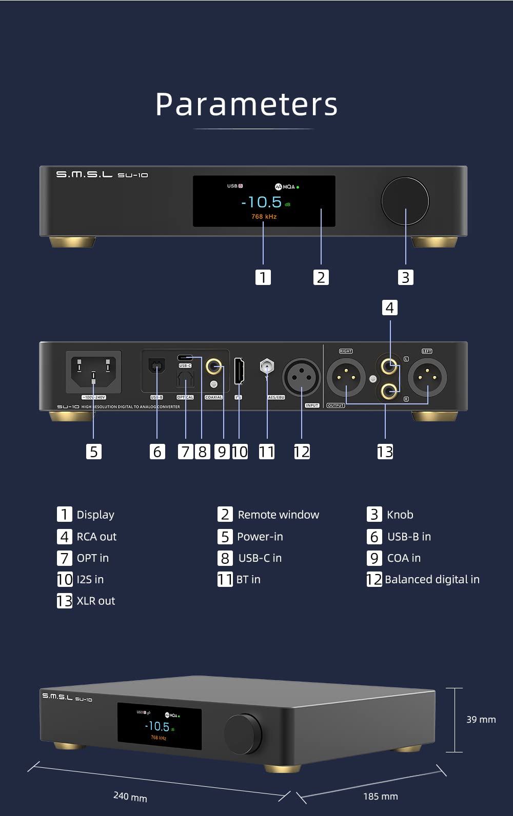 S.M.S.L SU-10 MQA Decoder Dual ES9038PRO Support MQA-CD High-Performance Audio DAC 32Bit/768kHz DSD512 Hi-Res Audio Support LDAC,Aptx/HD,SBC,AAC