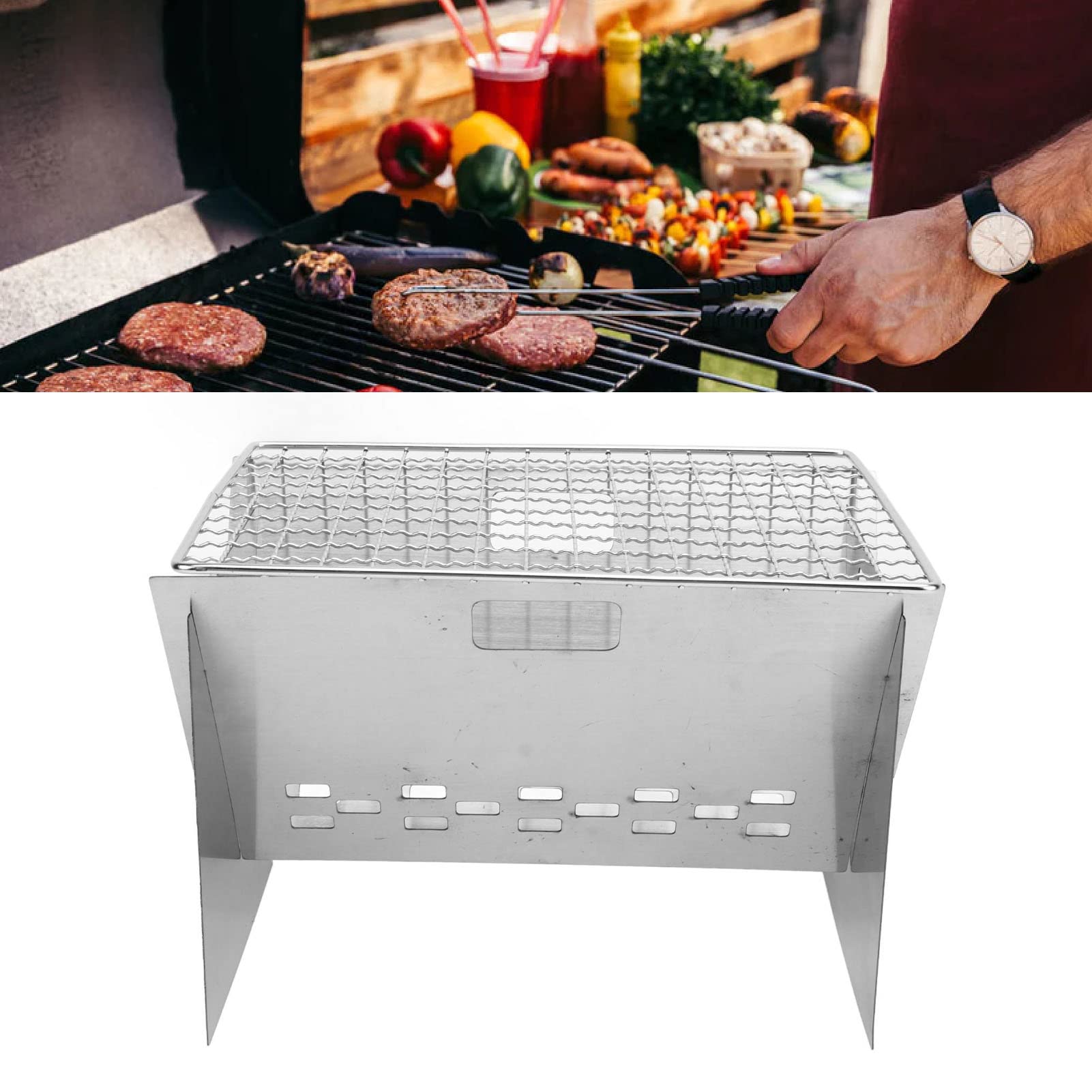 Vbestlife Folding Charcoal BBQ Grill, Thickened Stainless Steel Mini Detachable Portable Barbecue Grill for Barbecue Boiling Water Cooking Heating