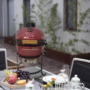 AUPLEX 13" Kamado Charcoal Grill, Ceramic BBQ Charcoal Grill, Mini Portable Clay Smoker Oven Barbecue Grill for Backyard, Balcony- Shiny Red