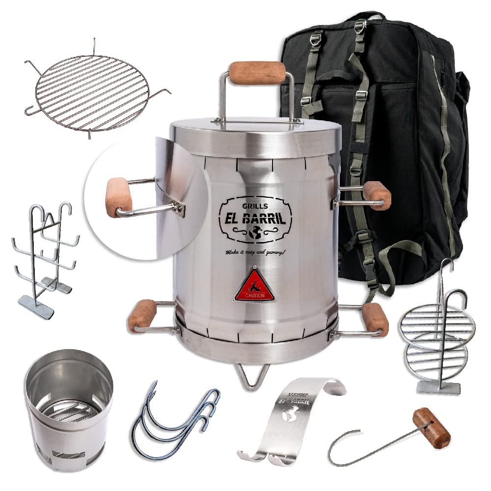 EL BARRIL Grill & Smoker Barrel SMALL Basic Combo| 100% Stainless Steel Barrel with 4 accessories| You can Grill, Smoke, Roast and Bake| Smokeless, Even Heat Distribution & Perfect for Your Meats