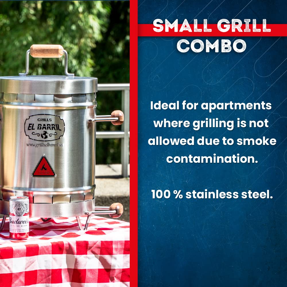 EL BARRIL Grill & Smoker Barrel SMALL Basic Combo| 100% Stainless Steel Barrel with 4 accessories| You can Grill, Smoke, Roast and Bake| Smokeless, Even Heat Distribution & Perfect for Your Meats