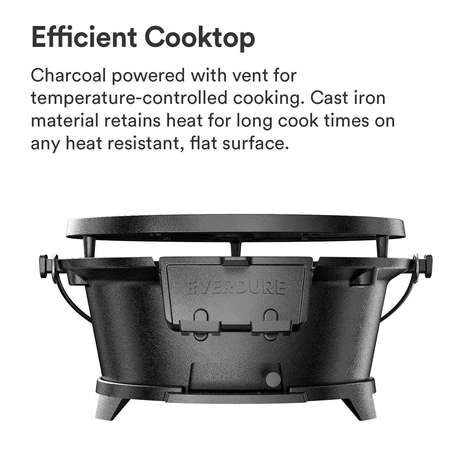 Everdure Round Cast Iron Grill & Cover – Outdoor, 2-In-1 Portable, Tabletop Grill and Griddle - 100% Cast Iron, Enameled, Durable, Small Charcoal Grill, Camping Stove or Hibachi Grill