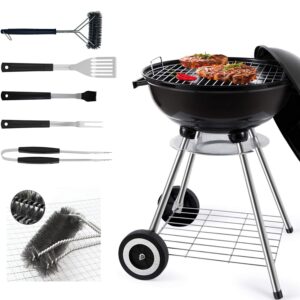 18 inch portable charcoal grill with accessories for outdoor cooking barbecue camping bbq coal kettle grill - mini grill with grilling utensil includes tongs, spatula,fork,basting brush, scraper