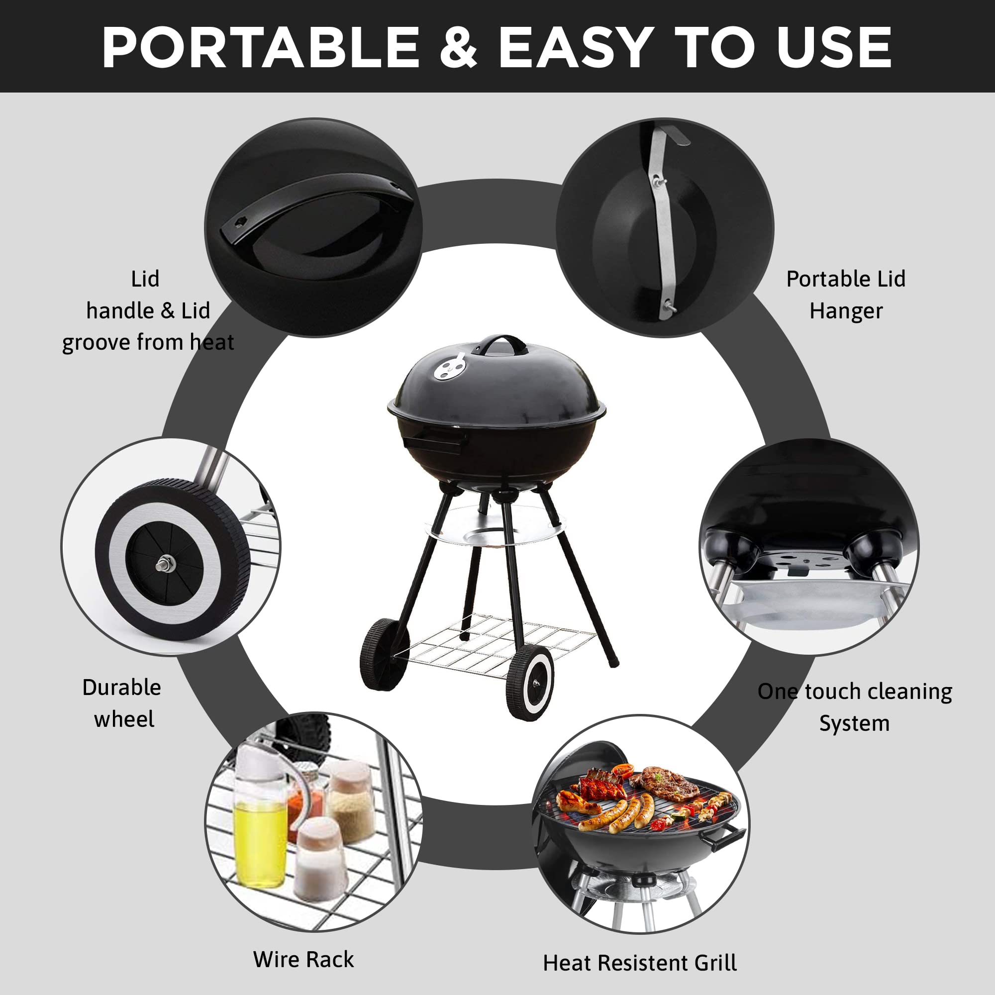 18 Inch Portable Charcoal Grill with Accessories for Outdoor Cooking Barbecue Camping BBQ Coal Kettle Grill - Mini Grill with Grilling Utensil Includes Tongs, Spatula,Fork,Basting Brush, Scraper